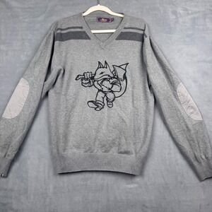 Akoo Mens XL Grey V-Neck Cotton Knit Sweater Fox Graphic Elbow Patches